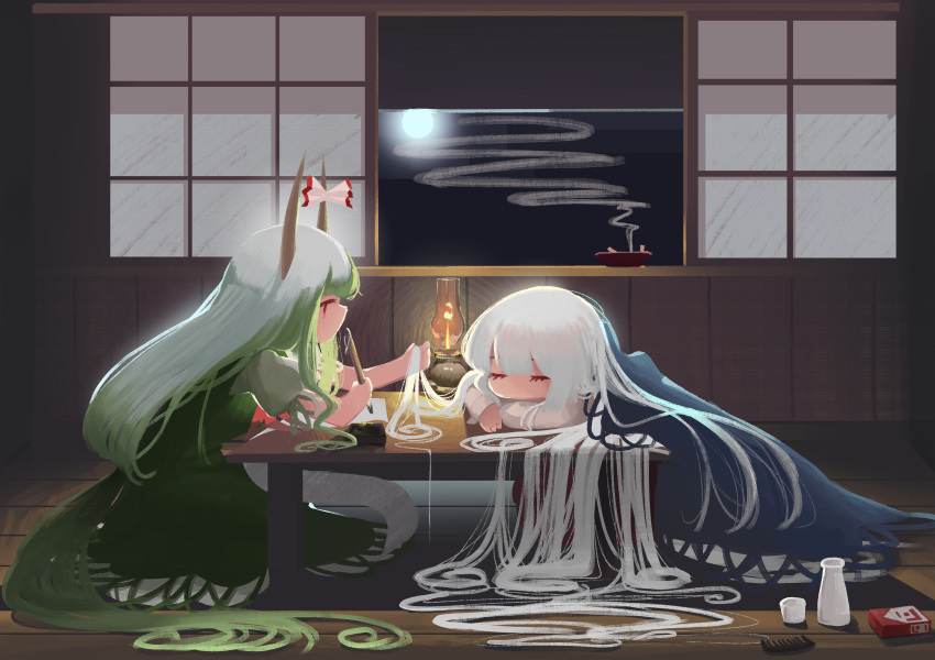 2girls, absurdly_long_hair, absurdres, blanket, blue_dress, bottle, bow, bowl
