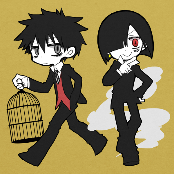 2boys, 73_(naa), birdcage, black_eyes, black_footwear, black_hair, black_pants, brown_background