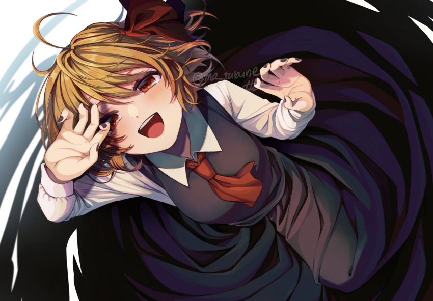 1girl, :d, arm_up, artist_name, ascot, black_dress, black_nails, blonde_hair