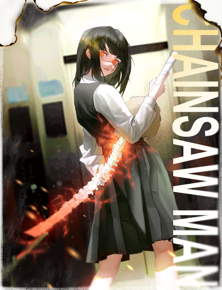 1girl, absurdres, arm_behind_back, black_hair, black_skirt, black_vest, chainsaw_man, clip_studio_paint_(medium)