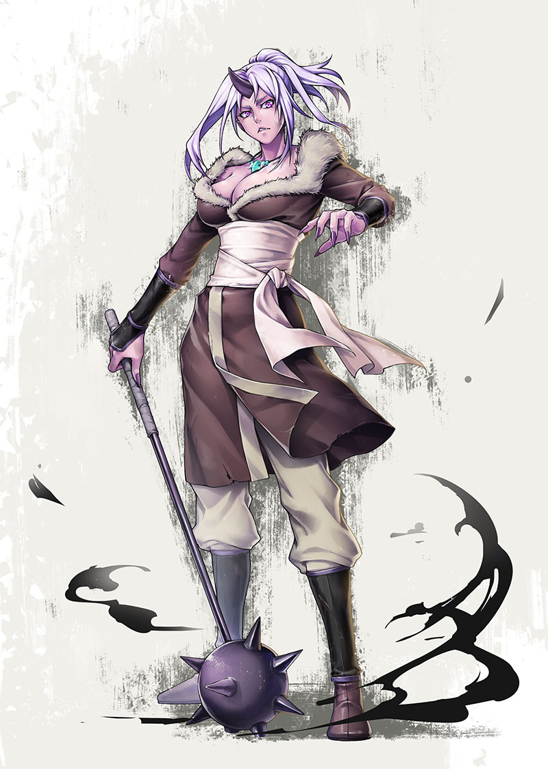 1girl, alternate_costume, fighting_stance, fur_coat, horns, mace, nishinomiya_sakuko, ogre