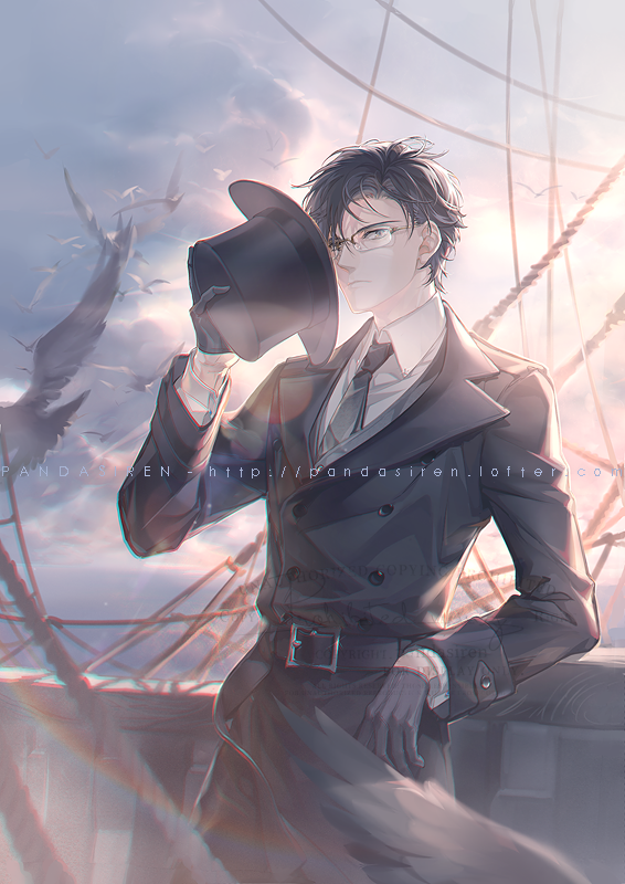 1boy, arm_up, belt, bird, black_coat, black_gloves, black_hair, black_necktie