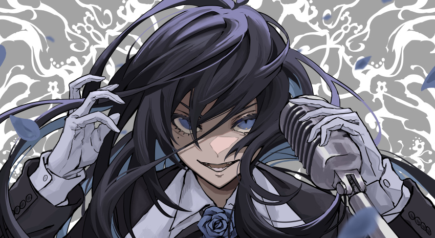 1girl, absurdres, ado_(singer), black_hair, blue_eyes, blue_flower, blue_rose, collared_shirt
