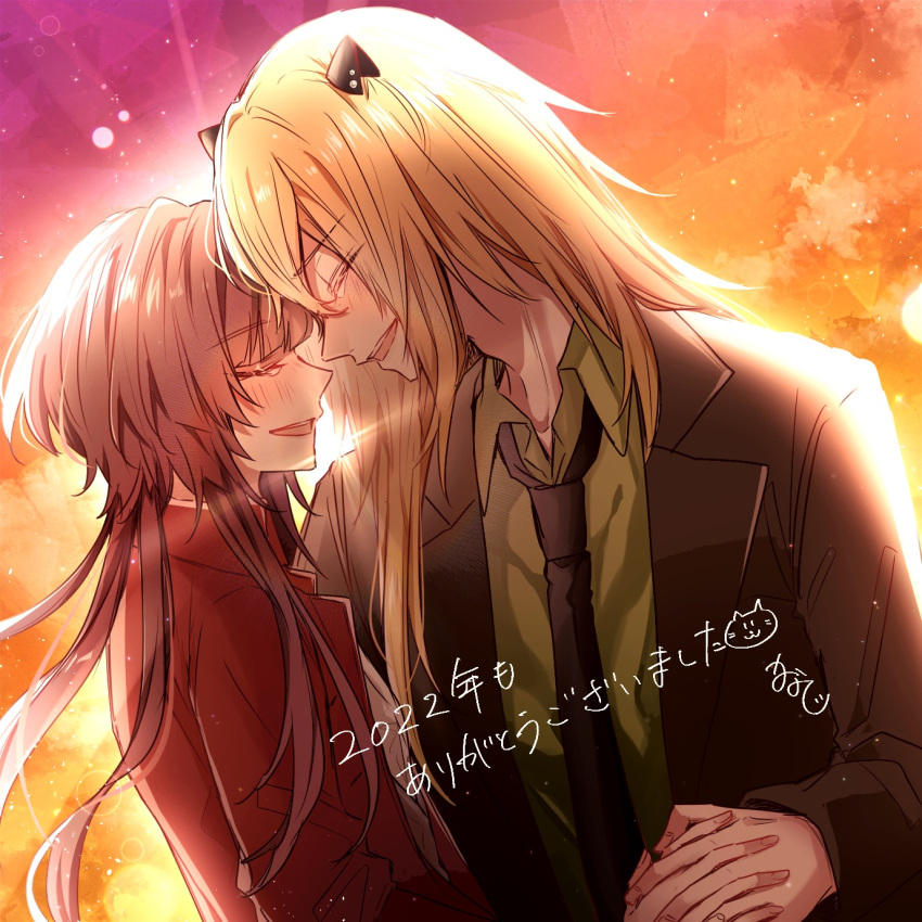 1boy, 1girl, aiaiharuharu, black_jacket, black_necktie, blonde_hair, blush, brown_hair