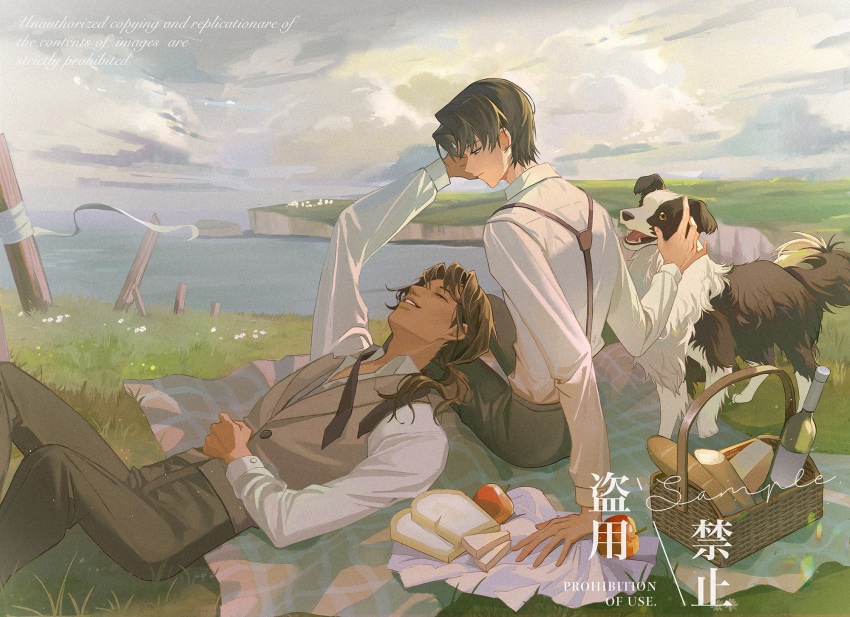 2boys, alcohol, angel, apple, azik_eggers, basket, black_hair, bread
