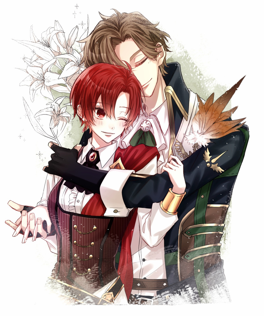 1boy, 1girl, aiaiharuharu, anastasia_lynzel, blush, brown_hair, closed_eyes, closed_mouth