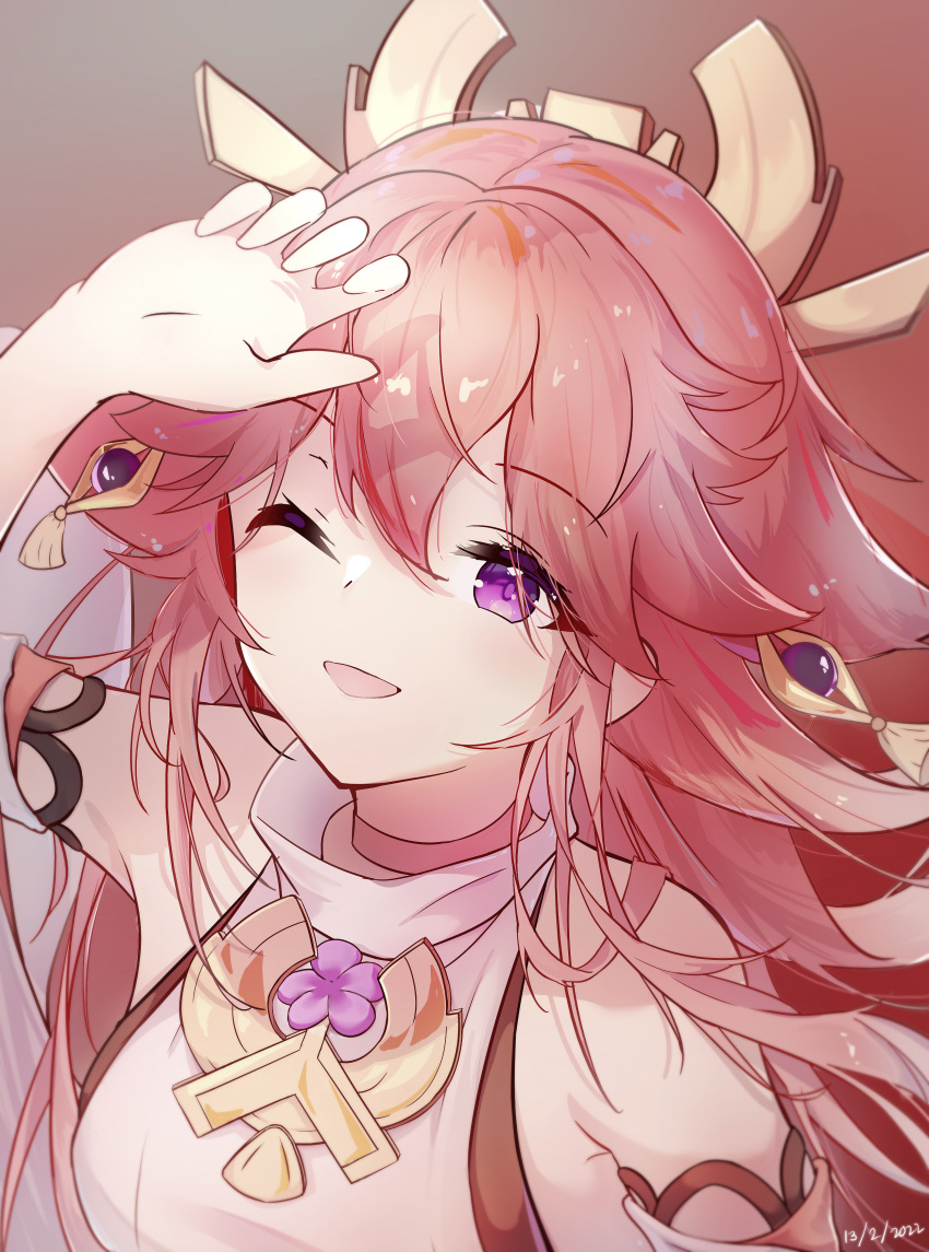 1girl, 2022, :d, absurdres, bangs, breasts, choker, commentary, dated, detached_sleeves, eyelashes, eyes_visible_through_hair, feng1180, flower, genshin_impact, hair_between_eyes, hair_ornament, hair_over_shoulder, hair_spread_out, hand_up, highres, large_breasts, long_hair, looking_up, one_eye_closed, open_mouth, pink_choker, pink_hair, purple_flower, shirt, sidelocks, simple_background, sleeveless, sleeveless_shirt, smile, solo, spiky_hair, tassel, tassel_hair_ornament, upper_body, violet_eyes, white_shirt, yae_miko