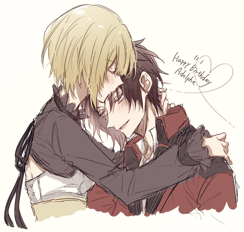 1boy, 1girl, adolphe_(shuuen_no_virche), aiaiharuharu, blonde_hair, blush, brown_hair, ceres_(shuuen_no_virche)