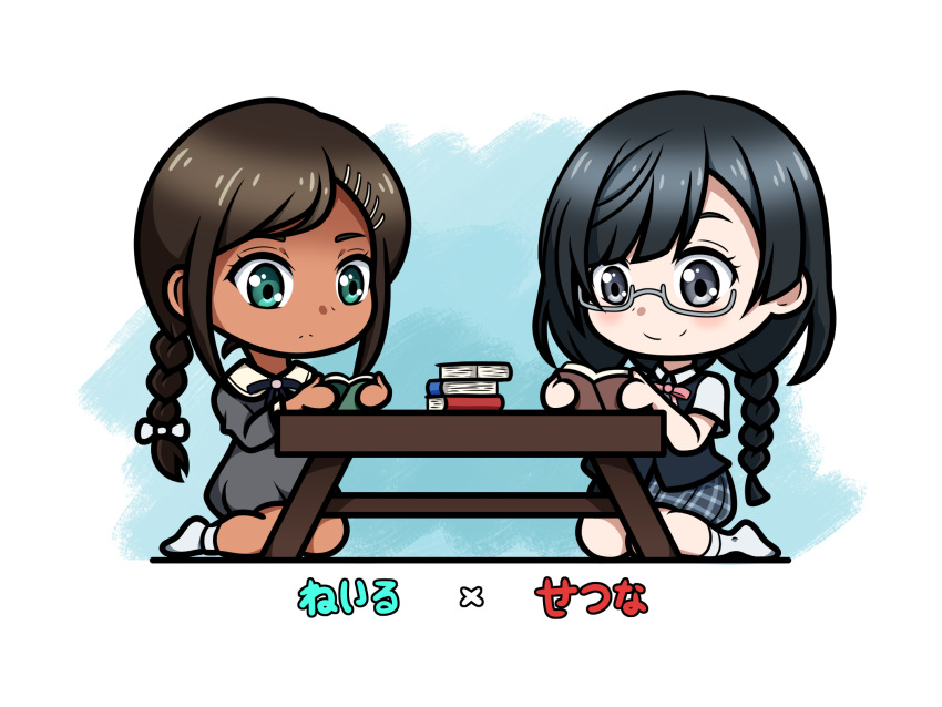 2girls, aonuma_neiru, bangs, black_hair, book, braid, brown_hair, chibi