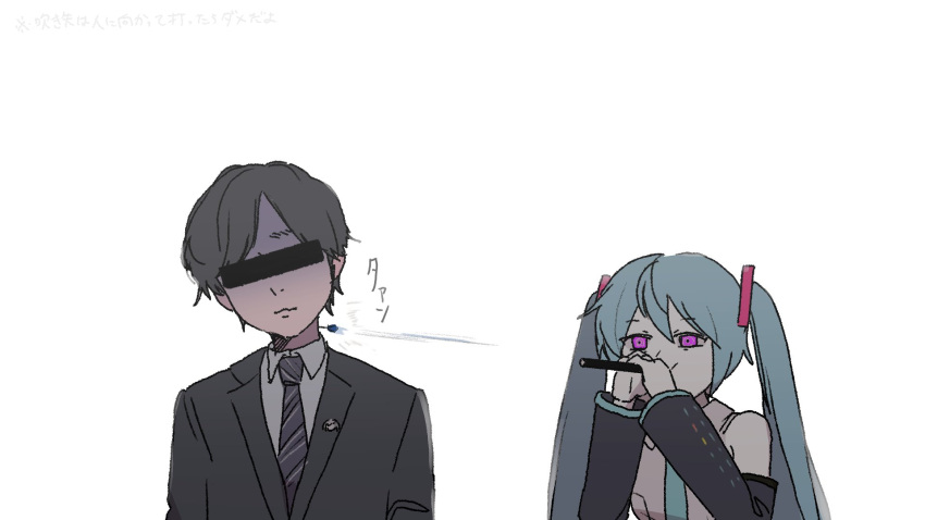 1boy, 1girl, alternate_eye_color, aqua_hair, aqua_necktie, arufa_faru, bangs, bar_censor