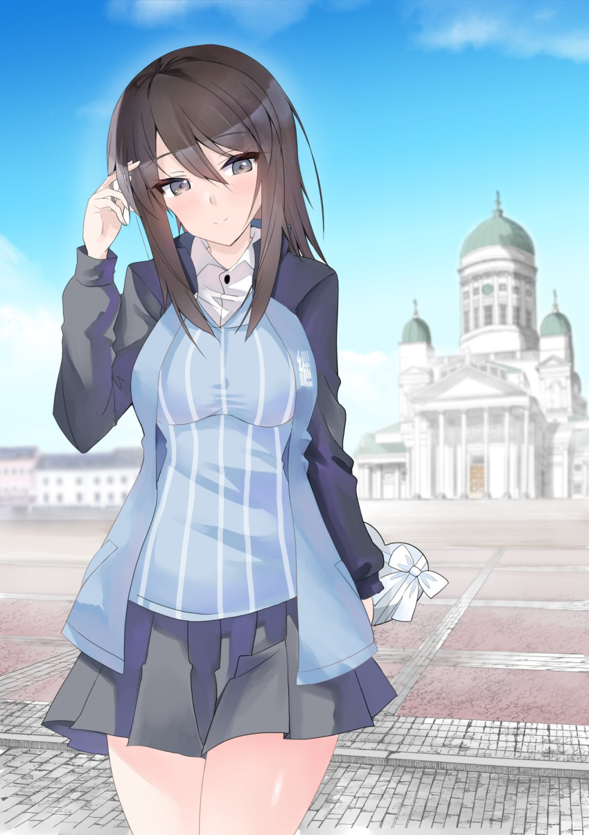 bangs, blue_jacket, blue_shirt, blue_sky, box, brown_eyes, brown_hair, building, closed_mouth, clouds, cowboy_shot, day, dress_shirt, eno_(mauritz_stiller), gift, girls_und_panzer, grey_skirt, half-closed_eyes, hand_in_own_hair, heart-shaped_box, highres, holding, holding_gift, jacket, keizoku_military_uniform, keizoku_school_uniform, light_blush, long_hair, long_sleeves, mika_(girls_und_panzer), military, military_uniform, miniskirt, no_headwear, object_behind_back, outdoors, pleated_skirt, raglan_sleeves, school_uniform, shirt, skirt, sky, smile, striped, striped_shirt, track_jacket, uniform, valentine, vertical-striped_shirt, vertical_stripes, white_shirt, wing_collar