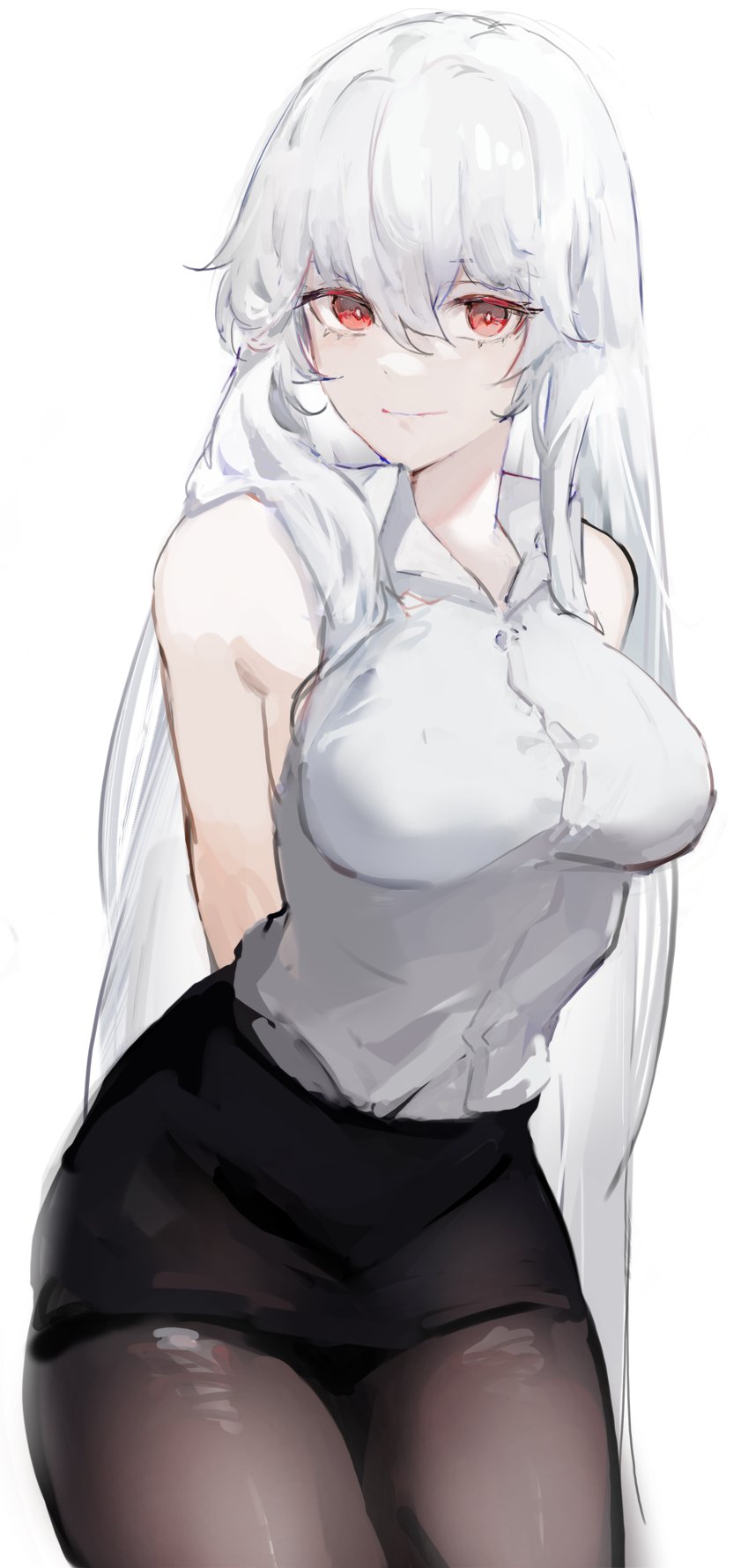 1girl, alternate_costume, arknights, arms_behind_back, bangs, black_pantyhose, black_skirt, breasts