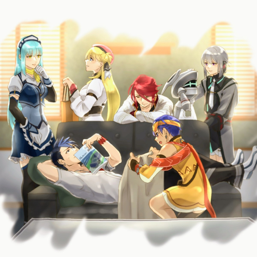 3boys, 3girls, aaron_wei, agnes_claudel, apron, black_eyes, blanket, blonde_hair