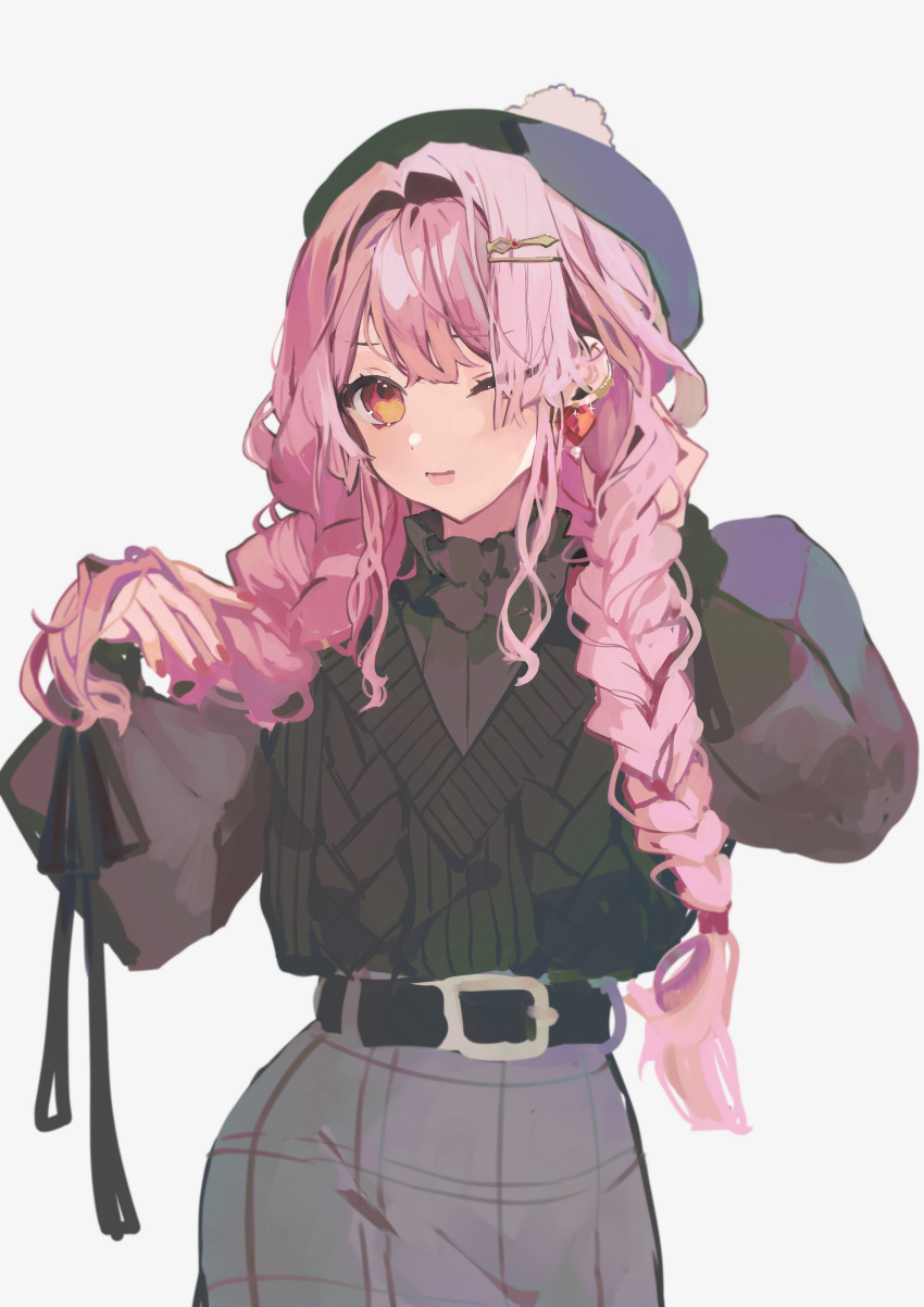 1girl, absurdres, bangs, belt, beret, black_belt, black_headwear, black_shirt