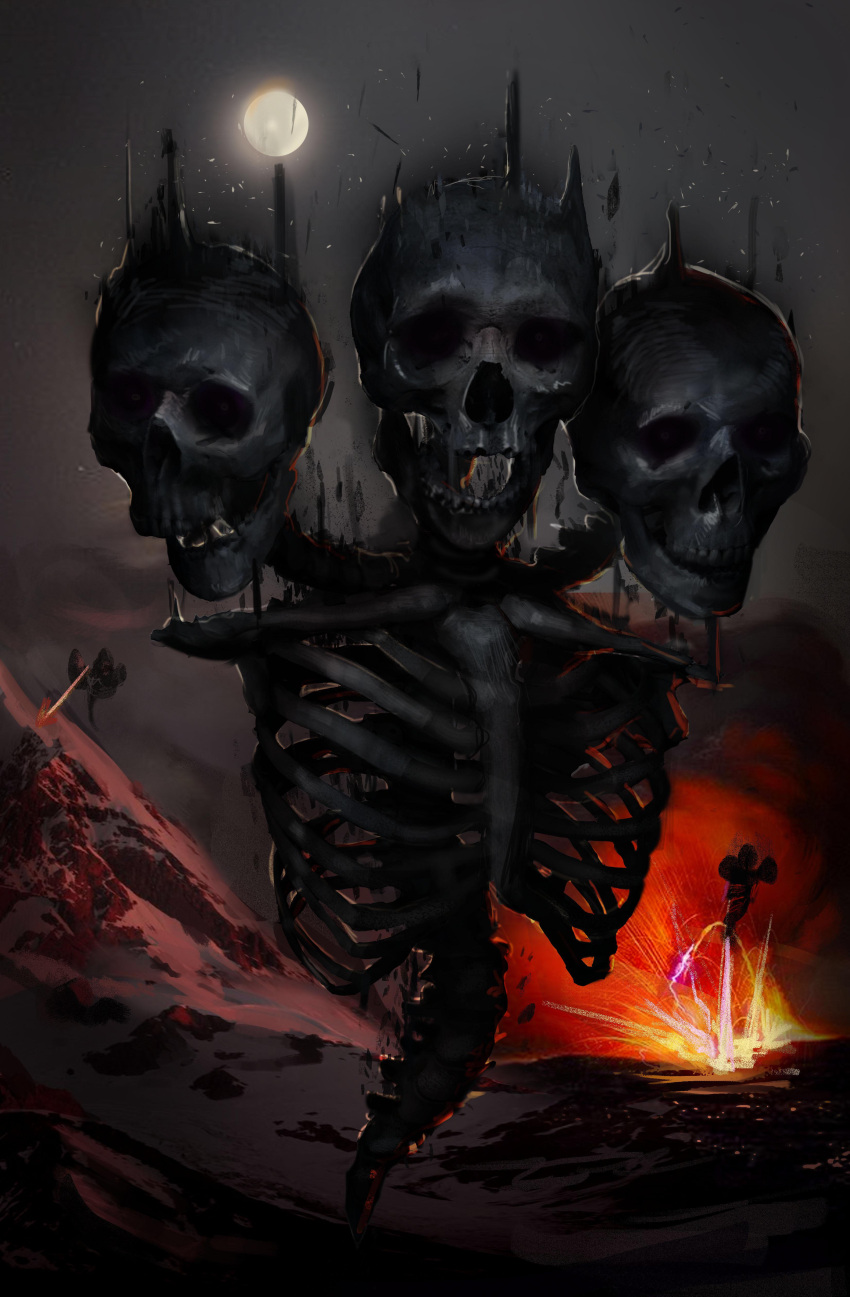 absurdres, attack, bullettrains, commentary, dark, english_commentary, explosion, extra_heads, facing_viewer, flying, full_moon, grey_sky, highres, horror_(theme), minecraft, monster, moon, mountain, multiple_persona, night, no_humans, open_mouth, outdoors, overcast, ribs, rock, skull, snow, solo_focus, spine, teeth, undead, wither_(minecraft)