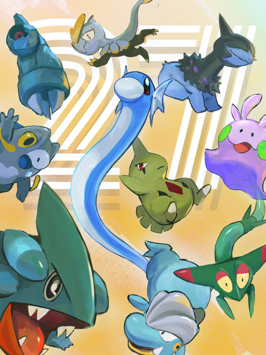 absurdres, bagon, beldum, black_eyes, blue_skin, colored_skin, covered_eyes, deino_(pokemon)