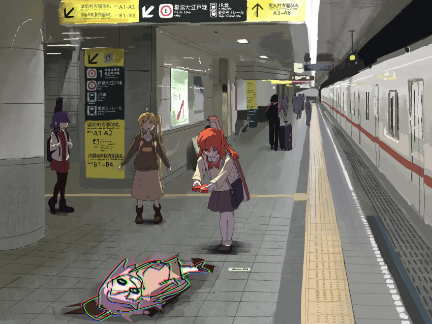 4girls, ahoge, backpack, bag, black_footwear, black_hoodie, black_pantyhose, black_skirt, blonde_hair, blue_hair, bocchi_the_rock!, boots, bowing, box, brown_dress, brown_skirt, casual, closed_eyes, commentary, dress, gift, gotou_hitori, guitar_case, heart-shaped_box, highres, holding, holding_gift, hood, hood_down, hoodie, ijichi_nijika, indoors, instrument_case, jacket, kita_ikuyo, long_hair, medium_skirt, miniskirt, multiple_girls, multiple_others, open_mouth, pantyhose, redhead, school_briefcase, school_uniform, serafuku, short_dress, short_hair, side_ponytail, sidelocks, skirt, standing, subway, subway_station, sukoya_tsukasa, two_side_up, valentine, white_jacket, yamada_ryou