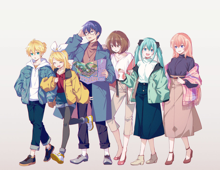 2boys, 40hara, 4girls, black_footwear, blonde_hair, blue_eyes, blue_hair, blue_jacket