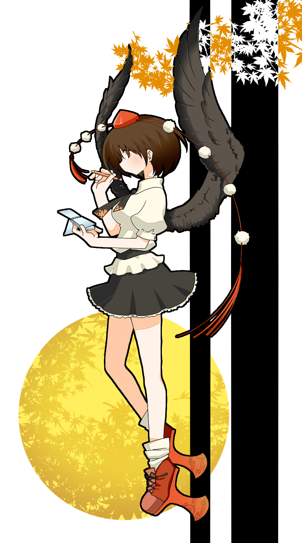 1girl, bangs, bird_wings, black_necktie, black_skirt, black_wings, breasts, brown_eyes