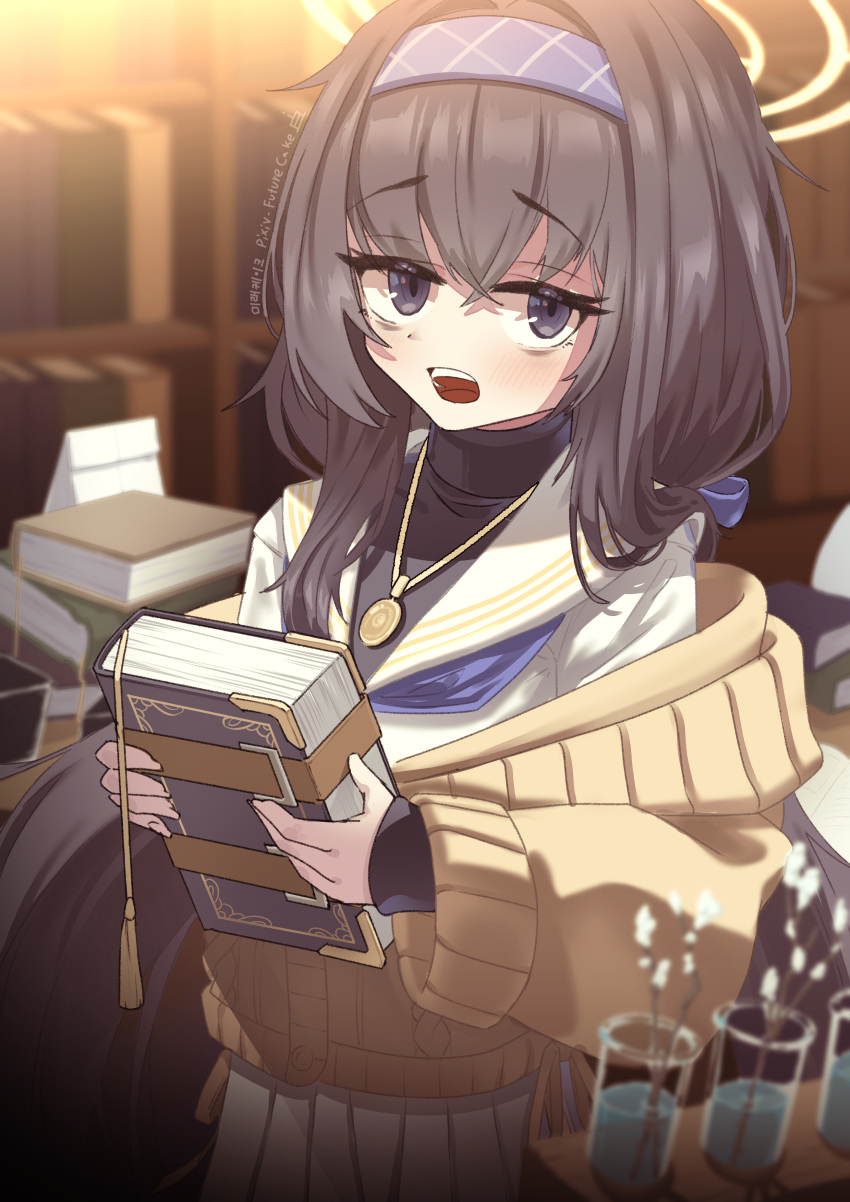 1girl, absurdres, black_hair, black_shirt, blue_archive, book, future_cake, hairband