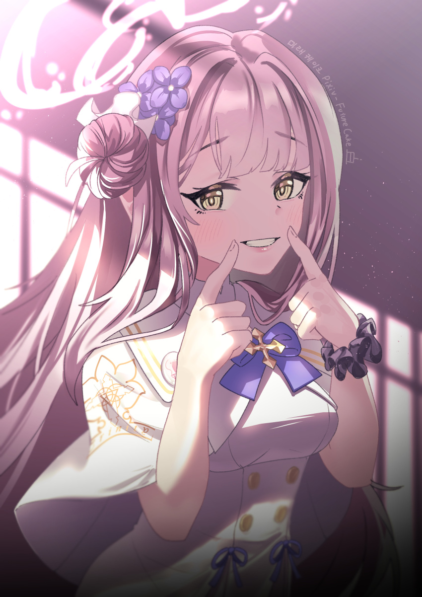 1girl, absurdres, blue_archive, blue_ribbon, dress, flower, future_cake, hair_flower