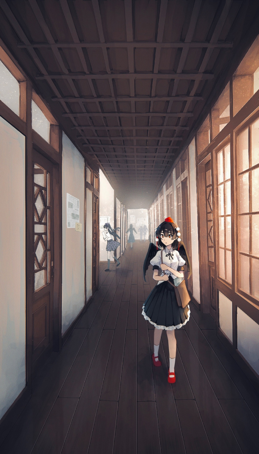 5girls, bangs, bird_wings, black_hair, black_ribbon, black_skirt, black_wings, bo_cota