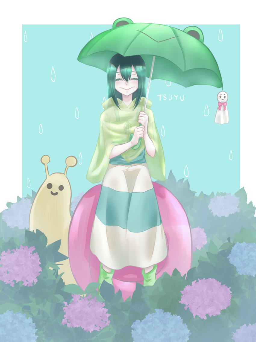 1girl, animal, animal-themed_umbrella, asui_tsuyu, blue_flower, boku_no_hero_academia, character_name, closed_eyes
