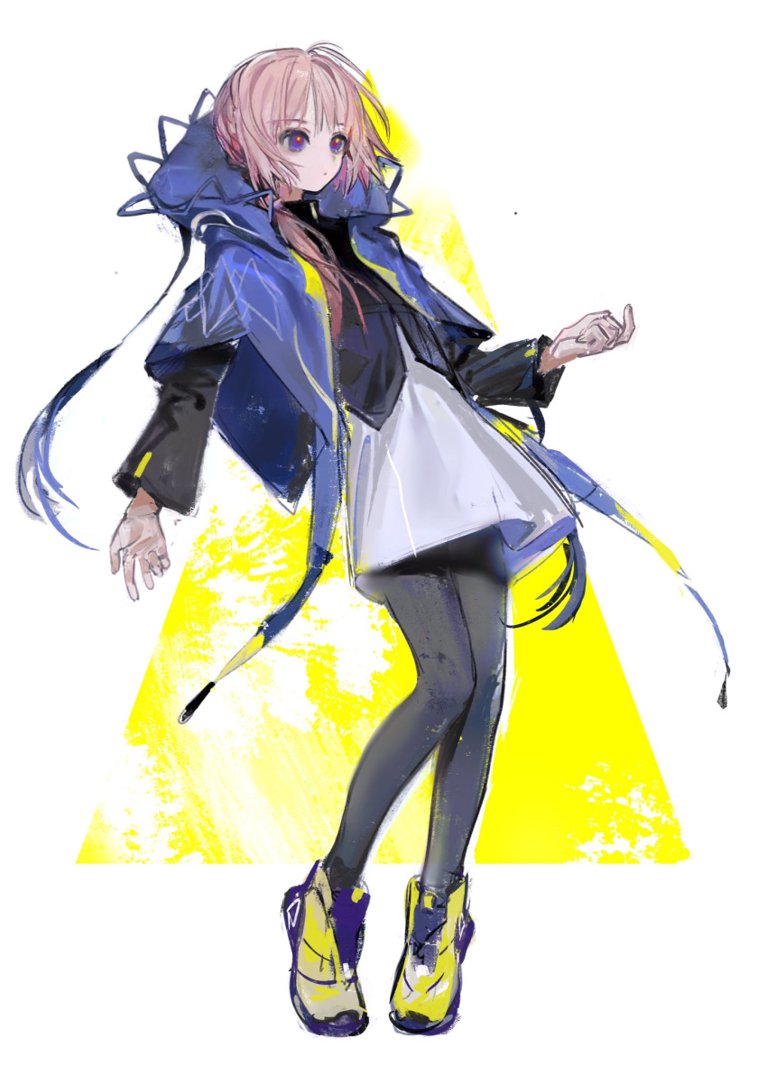 1girl, bangs, black_leggings, black_shirt, blue_capelet, blue_eyes, capelet, cropped_shirt