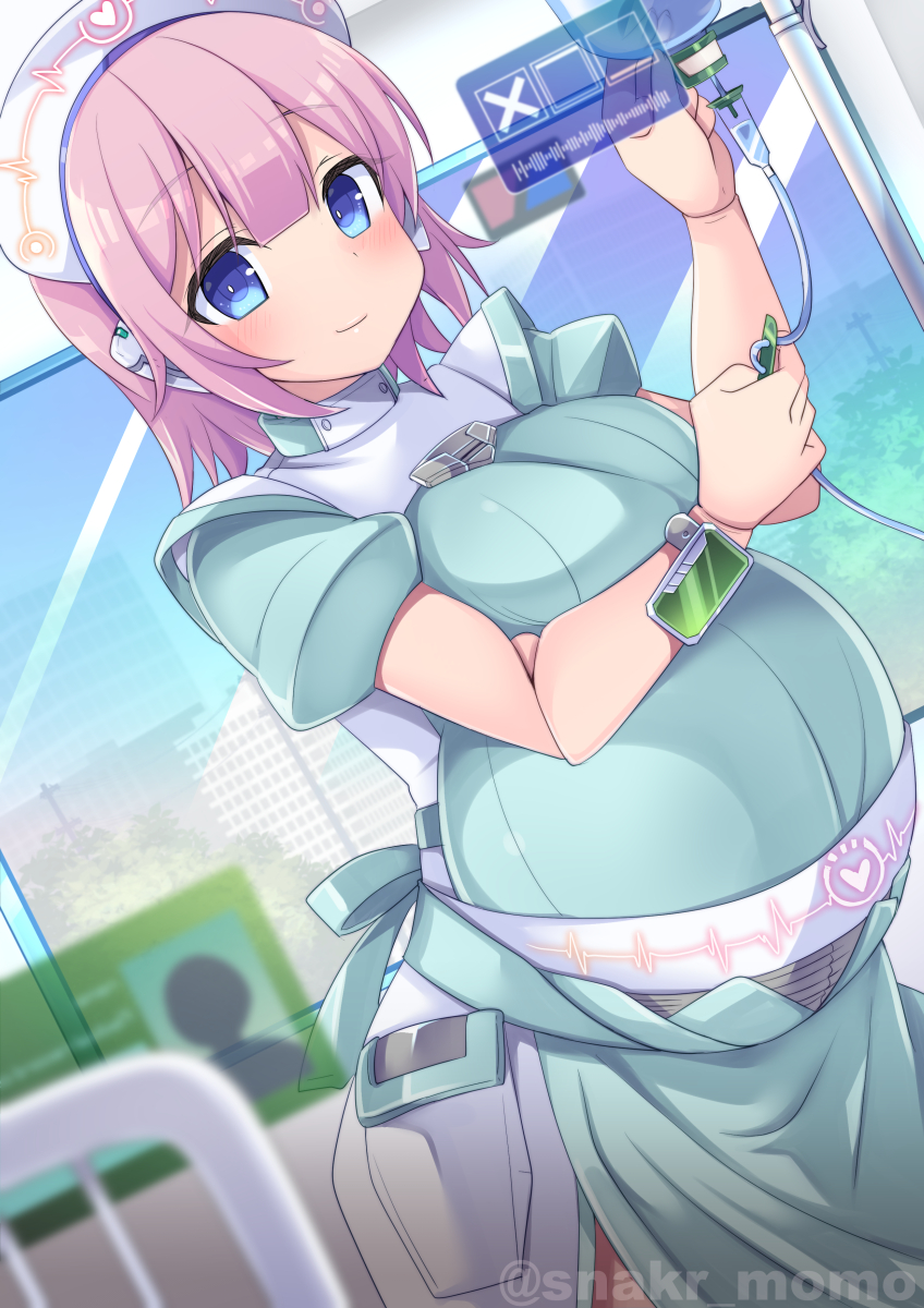 1girl, bed, big_belly, blue_eyes, breasts, highres, hospital, hospital_bed