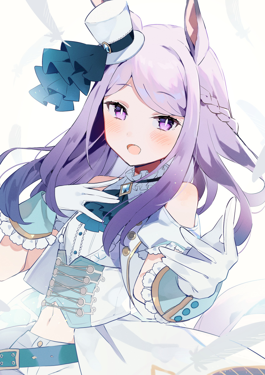 1girl, :d, absurdres, animal_ears, ascot, blue_ascot, blush, brand-new_friend_(umamusume), gloves, hat, highres, horse_ears, horse_girl, long_hair, looking_at_viewer, mejiro_mcqueen_(end_of_sky)_(umamusume), mejiro_mcqueen_(umamusume), midriff, mini_hat, mini_top_hat, navel, official_alternate_costume, purple_hair, short_sleeves, smile, solo, top_hat, umamusume, upper_body, usukawa_(uskw_sr), violet_eyes, white_gloves, white_headwear