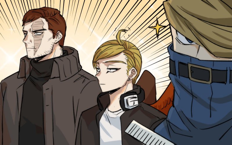3boys, alternate_costume, alternate_hairstyle, beard, best_jeanist, blonde_hair, blue_eyes, boku_no_hero_academia