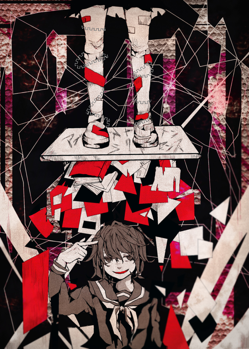 1girl, 3kuma, abstract_nonsense_(vocaloid), bandaid, bandaid_on_knee, bandaid_on_leg, book, desk