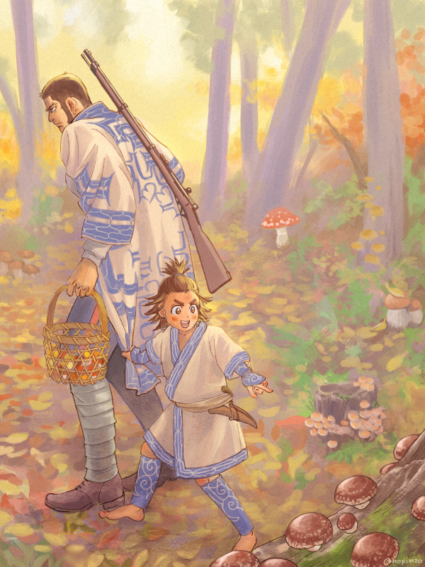 2boys, ainu, ainu_clothes, barefoot, basket, black_hair, blush, buzz_cut