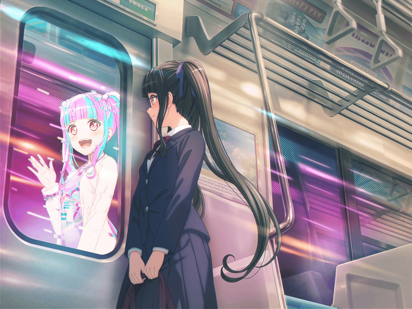 bang_dream!, blue_hair, blush, dress, long_hair, pareo_(bang_dream!), pink_eyes, smile