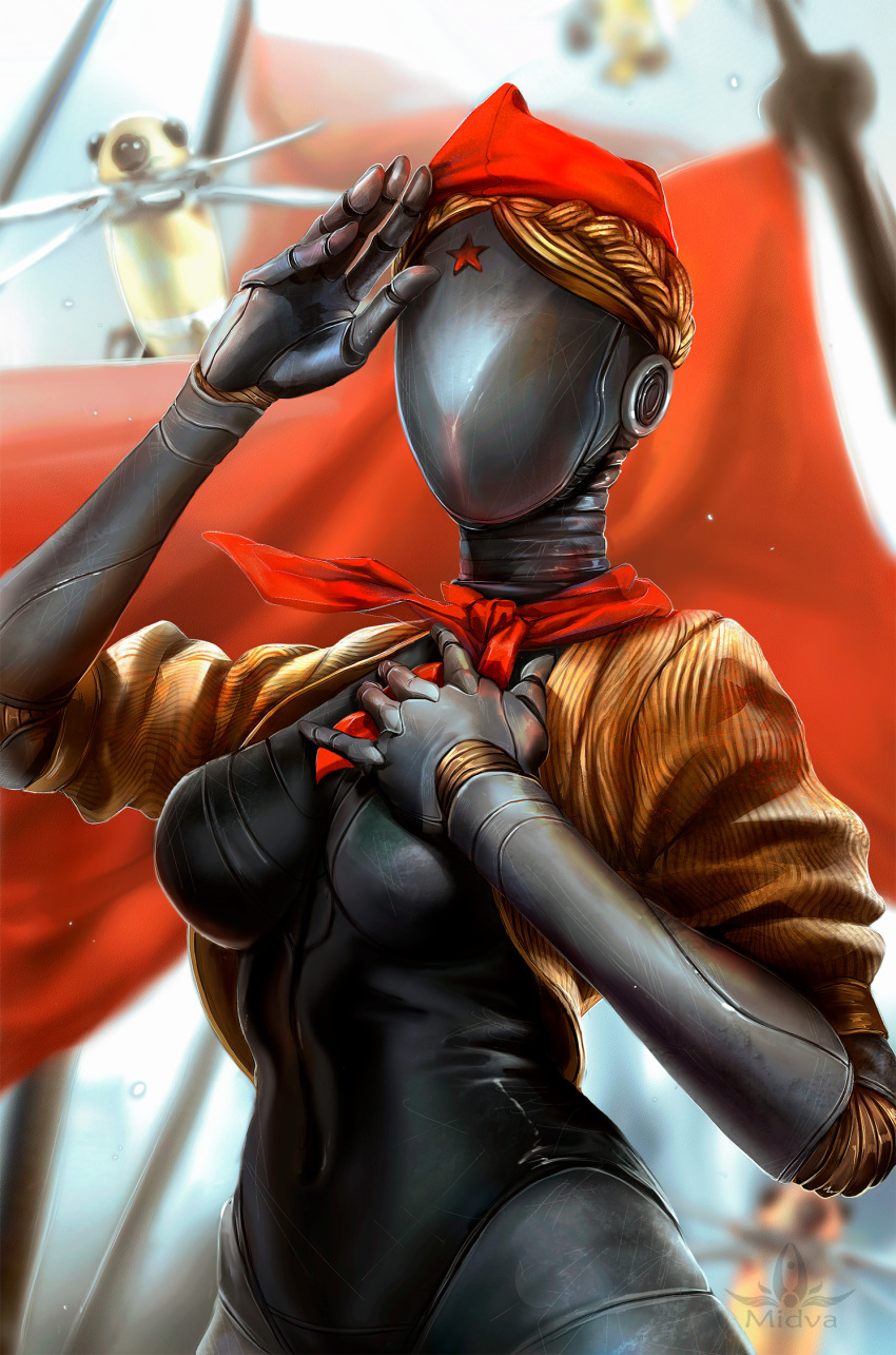 1girl, android, atomic_heart, blonde_hair, braid, breasts, clothed_robot, cropped_jacket, crown_braid, faceless, faceless_female, gold_jacket, highres, humanoid_robot, jacket, large_breasts, metal_skin, midva_(midva_art), neckerchief, open_clothes, open_jacket, pioneer_movement, pioneer_neckerchief, red_flag, red_neckerchief, red_star, right_(atomic_heart), robot, robot_girl, siblings, soviet, yellow_jacket