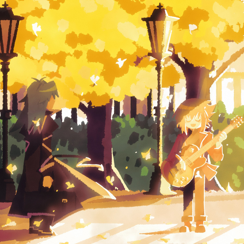 2boys, absurdres, autumn_leaves, bangs, falling_leaves, full_body, guitar, hair_between_eyes, highres, instrument, leaf, long_sleeves, male_focus, marufuji_ryou, multicolored_hair, multiple_boys, music, ncross_125, official_alternate_costume, park, pixel_art, playing_instrument, sidelocks, singing, standing, tree, two-tone_hair, yu-gi-oh!, yu-gi-oh!_gx, yuuki_juudai