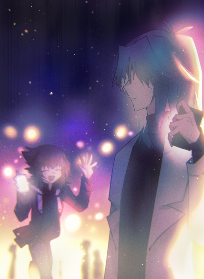 2boys, absurdres, bangs, duel_academy_uniform_(yu-gi-oh!_gx), hair_between_eyes, hair_over_eyes, highres, labcoat, long_sleeves, looking_at_another, male_focus, marufuji_ryou, multicolored_hair, multiple_boys, ncross_125, night, night_sky, running, sidelocks, sky, two-tone_hair, upper_body, waving, yu-gi-oh!, yu-gi-oh!_gx, yuuki_juudai