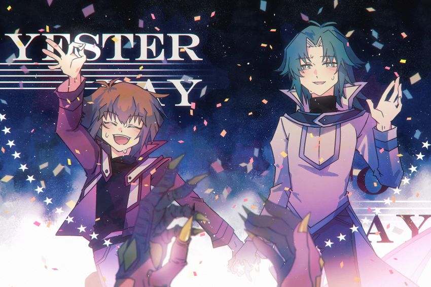 1other, 2boys, absurdres, bangs, blush, confetti, dancing, duel_academy_uniform_(yu-gi-oh!_gx), hair_between_eyes, happy, highres, long_sleeves, looking_at_viewer, male_focus, marufuji_ryou, multicolored_hair, multiple_boys, ncross_125, ok_sign, pov, pov_hands, sidelocks, sweat, two-tone_hair, waving, yu-gi-oh!, yu-gi-oh!_gx, yubel, yuuki_juudai