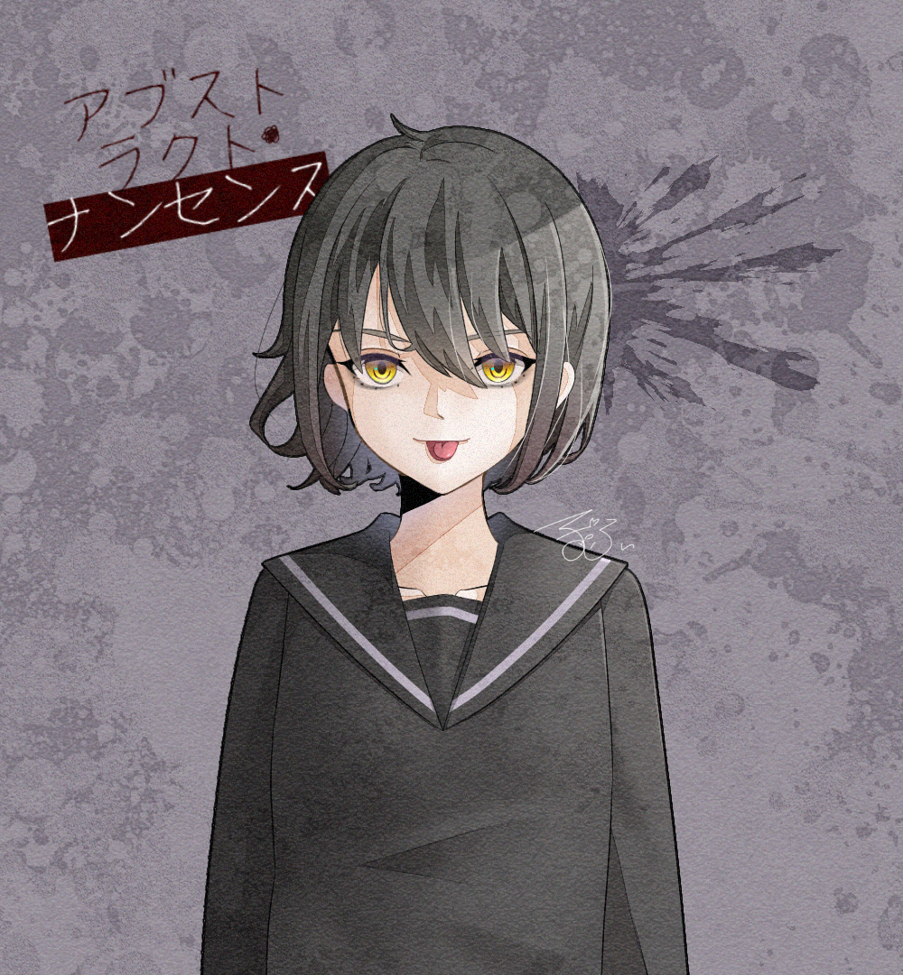 1girl, :p, abstract_nonsense_(vocaloid), black_sailor_collar, black_serafuku, collarbone, grey_background, grey_hair