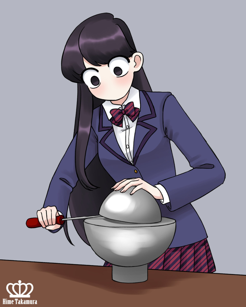 1girl, absurdres, artist_name, black_eyes, black_hair, commentary, demon_core, diagonal-striped_bowtie