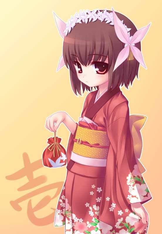 1.0-tan, aoi_kumiko, blush, brown_eyes, brown_hair, child, hair_ornament, japanese_clothes, kimono, kinchaku, os, short_hair, solo