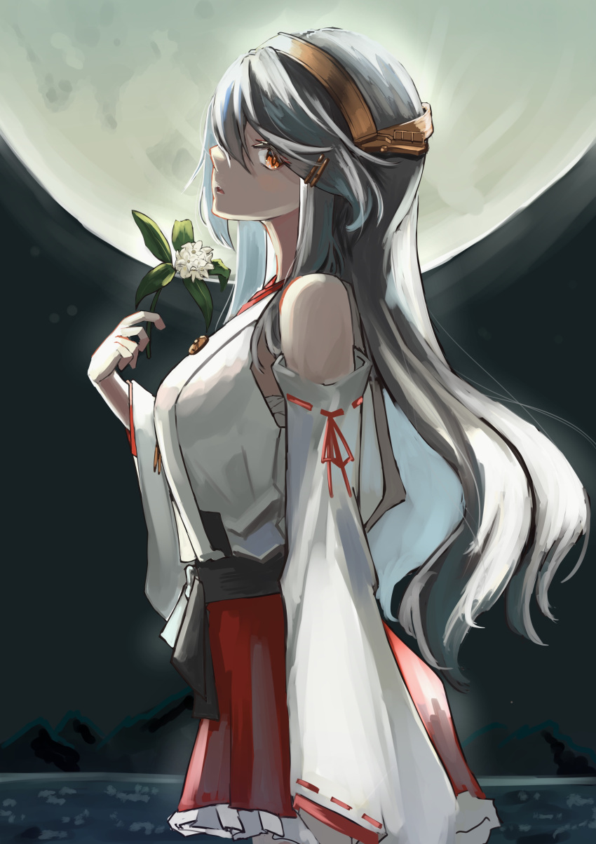 1girl, absurdres, bare_shoulders, black_hair, brown_eyes, detached_sleeves, flower, from_side