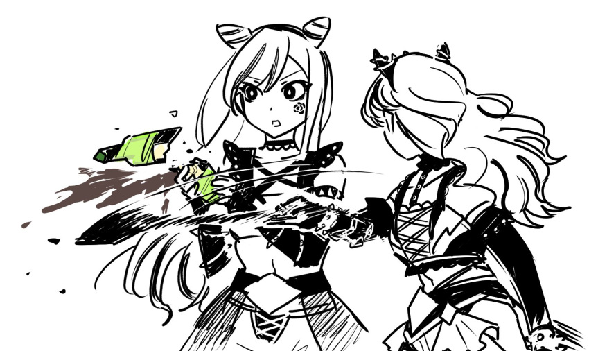 broken_bottle, dee0333, greyscale, monochrome, shoujo_kageki_revue_starlight, shoujo_kageki_revue_starlight_-re_live-, siblings, sisters