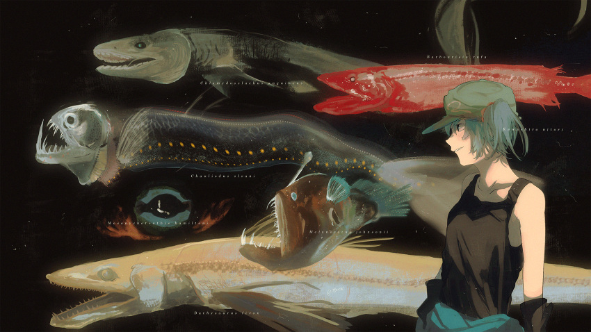 1girl, anglerfish, animal, black_gloves, black_tank_top, blue_eyes, blue_hair, character_name, collarbone, english_commentary, fish, flat_cap, frilled_shark, gloves, green_headwear, grin, hat, highres, ippotsk, kawashiro_nitori, latin_text, shark, short_twintails, smile, squid, tank_top, touhou, twintails, viperfish