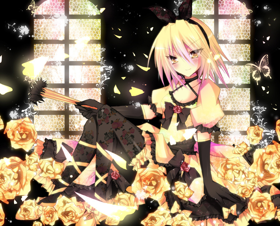 bad_id, blonde_hair, dress, fan, flower, hair_ribbon, homare, kagamine_rin