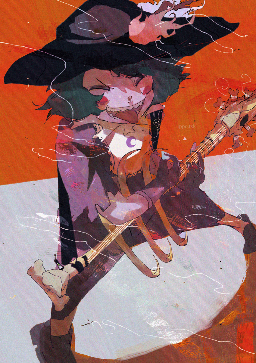 1girl, absurdres, black_footwear, black_gloves, black_headwear, black_robe, blush_stickers, closed_eyes, crescent, eclipsa_butterfly, fish_bone, gloves, green_hair, guitar, hat, highres, holding, holding_instrument, instrument, ippotsk, music, open_mouth, playing_instrument, robe, sharp_teeth, short_hair, solo, star_vs_the_forces_of_evil, teeth, tongue, tongue_out, witch, witch_hat