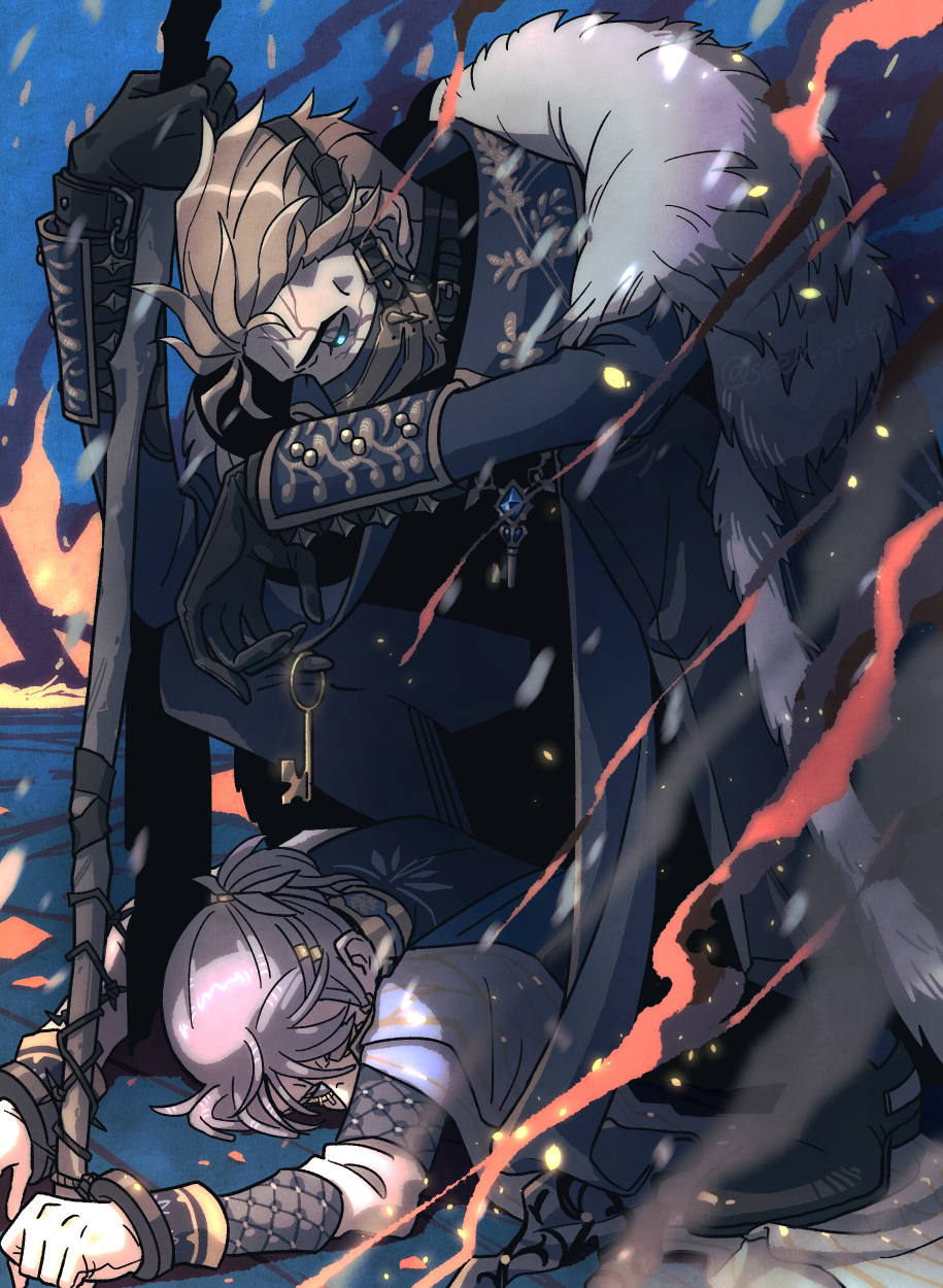 2boys, alva_lorenz, alva_lorenz_(warden), black_footwear, black_gloves, black_sclera, blonde_hair, blue_cloak, blue_eyes, blue_jacket, blue_pants, bound, bound_wrists, burning, cape, cloak, colored_sclera, covered_mouth, cuffs, embers, facial_mark, fire, full_body, fur-trimmed_cloak, fur_trim, gloves, grey_eyes, grey_hair, hair_between_eyes, hair_slicked_back, hair_tubes, highres, holding, holding_key, holding_staff, identity_v, jacket, key, looking_at_another, luca_balsa, luca_balsa_(winter_cicada), lying, male_focus, mask, mouth_mask, multiple_boys, official_alternate_costume, on_stomach, pants, scowl, shirt, shoes, short_hair, short_ponytail, sleeve_cuffs, smoke, squatting, staff, stepping_on_clothes, upper_body, wanijima_gaburi, white_cape, white_shirt