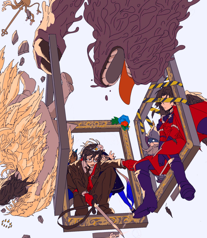 6+boys, angel_wings, arjuna_(fate), arjuna_alter_(fate), arjuna_alter_(student_council_president)_(fate), armor, bangs, beard, black_footwear, black_hair, black_headwear, black_jacket, black_necktie, black_shirt, black_wings, blue_flower, blue_footwear, blue_gloves, blue_pants, blue_rose, boots, broken_egg, brown_hair, candelabra, candlestand, cape, caution_tape, cloak, closed_mouth, collared_shirt, commentary, constantine_xi_(fate), covered_eyes, dark-skinned_male, dark_skin, debris, don_quixote_(fate), earrings, egg, empty_picture_frame, facial_hair, falling, falling_feathers, fate/grand_order, fate_(series), feathered_wings, flower, food, food_on_head, full_body, glasses, gloves, hair_between_eyes, halo, helmet, highres, jacket, jewelry, jf32o, licking_lips, long_hair, looking_at_another, male_focus, monster, multiple_boys, multiple_persona, necktie, nemo_(fate), object_on_head, one_knee, open_clothes, open_jacket, pants, picture_frame, red_armor, red_cape, red_eyes, red_flower, red_gloves, red_rose, red_tunic, red_vest, rose, shirt, shoes, short_hair, sideways_glance, simple_background, sitting, standing, suit_jacket, symbol-only_commentary, tongue, tongue_out, tunic, vest, white_background, white_cloak, white_footwear, white_shirt, white_wings, wings