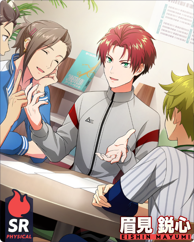 4boys, akiyama_hayato, brown_hair, character_name, closed_eyes, earpiece, fingernails, green_eyes