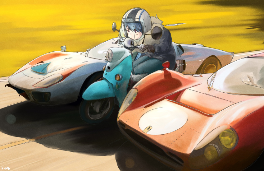 1girl, absurdres, balladeluce, black_gloves, blue_hair, blush, car, commentary_request, day, ferrari, ferrari_330_p4, ford, ford_gt40, ford_v_ferrari, fur-trimmed_jacket, fur_trim, gloves, ground_vehicle, headlight, helmet, highres, jacket, lens_flare, looking_ahead, motor_vehicle, on_scooter, photo-referenced, riding, scene_reference, shadow, shima_rin, shoshinsha_mark, vehicle_focus, violet_eyes, yamaha_vino, yurucamp